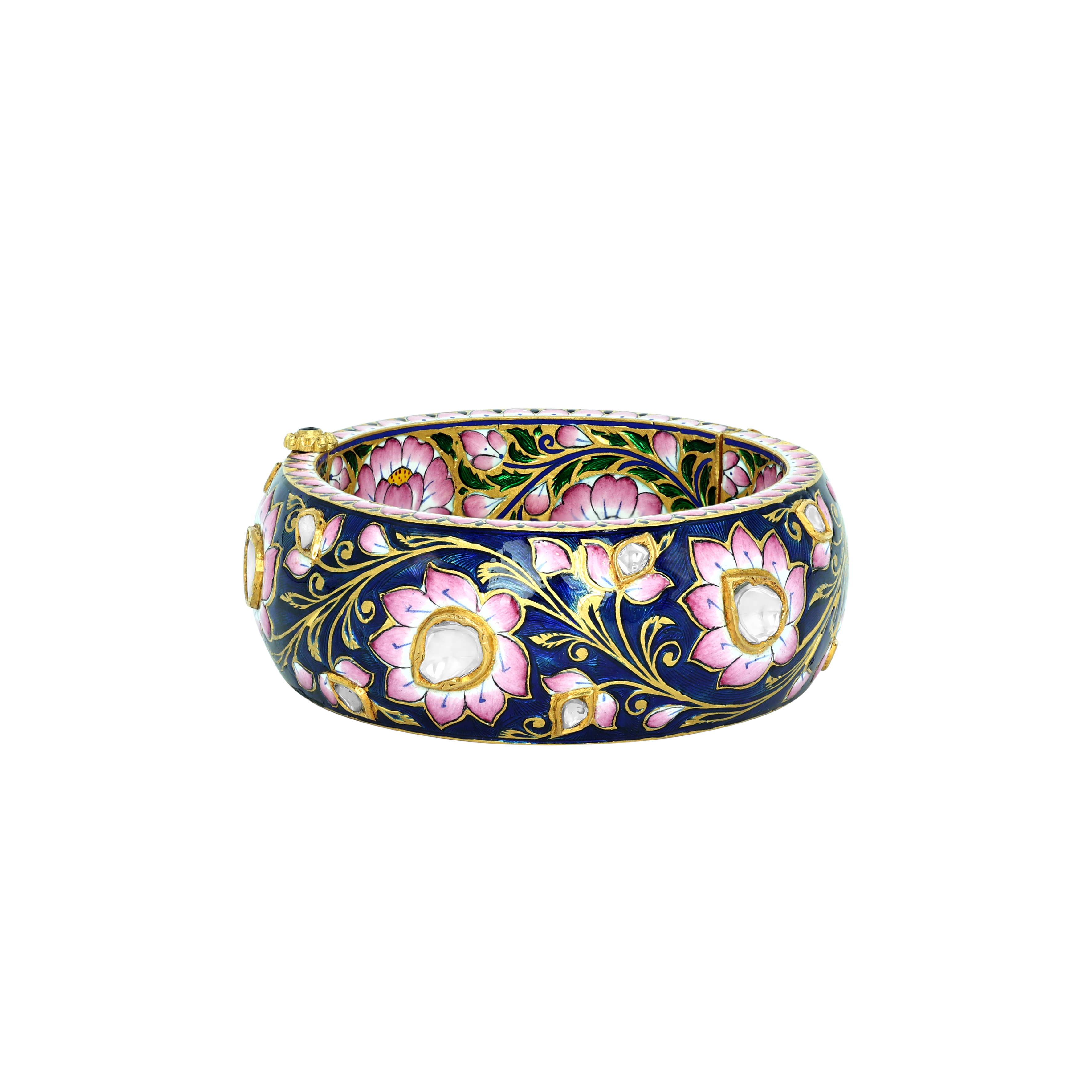 Indigo Bangle with Pink Floral Enamel and Uncut Diamonds